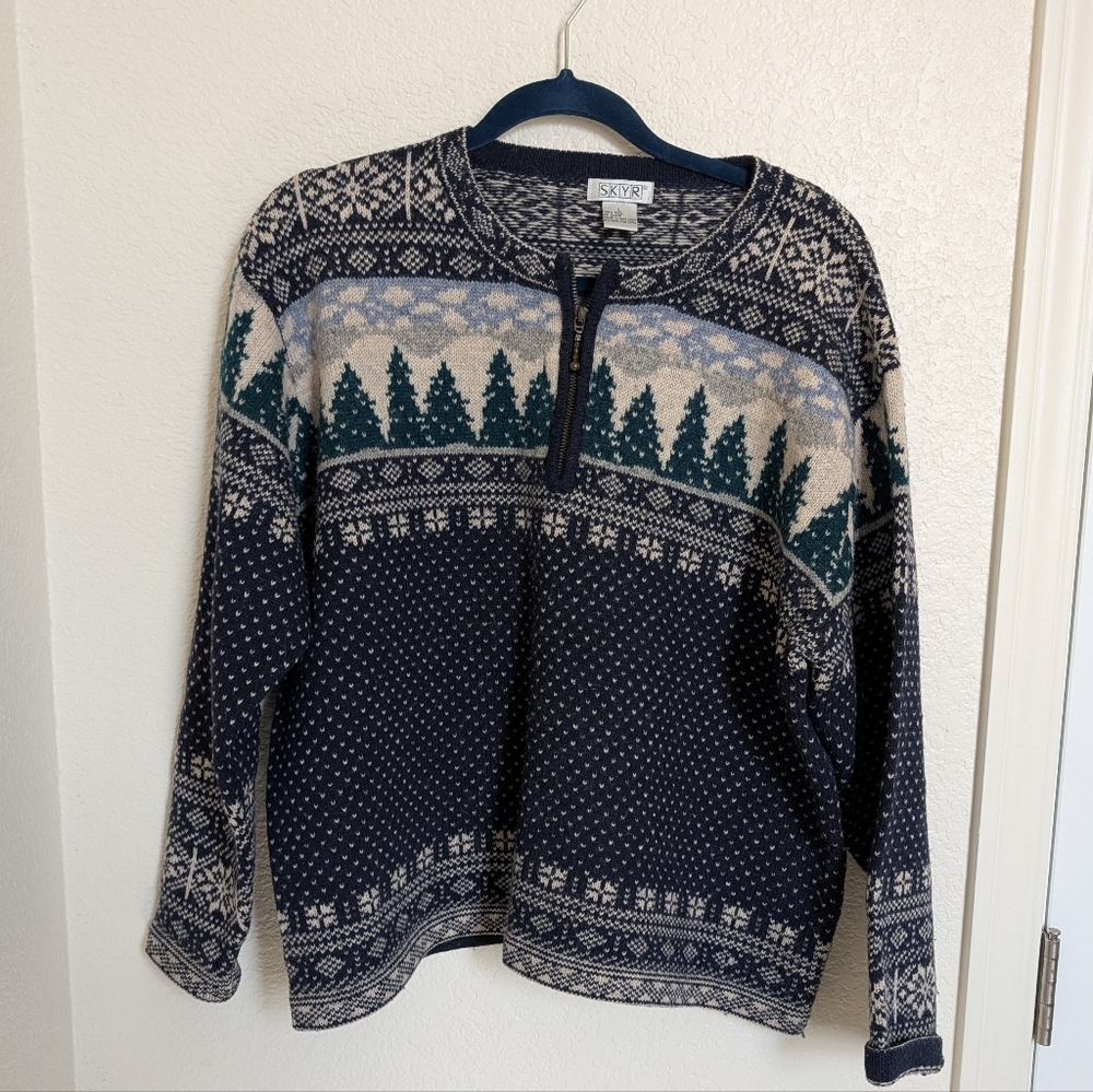 Vtg Skyr Sweater Women's Sz Large 100% Wool Pine Trees Grandma Core Cottagecore